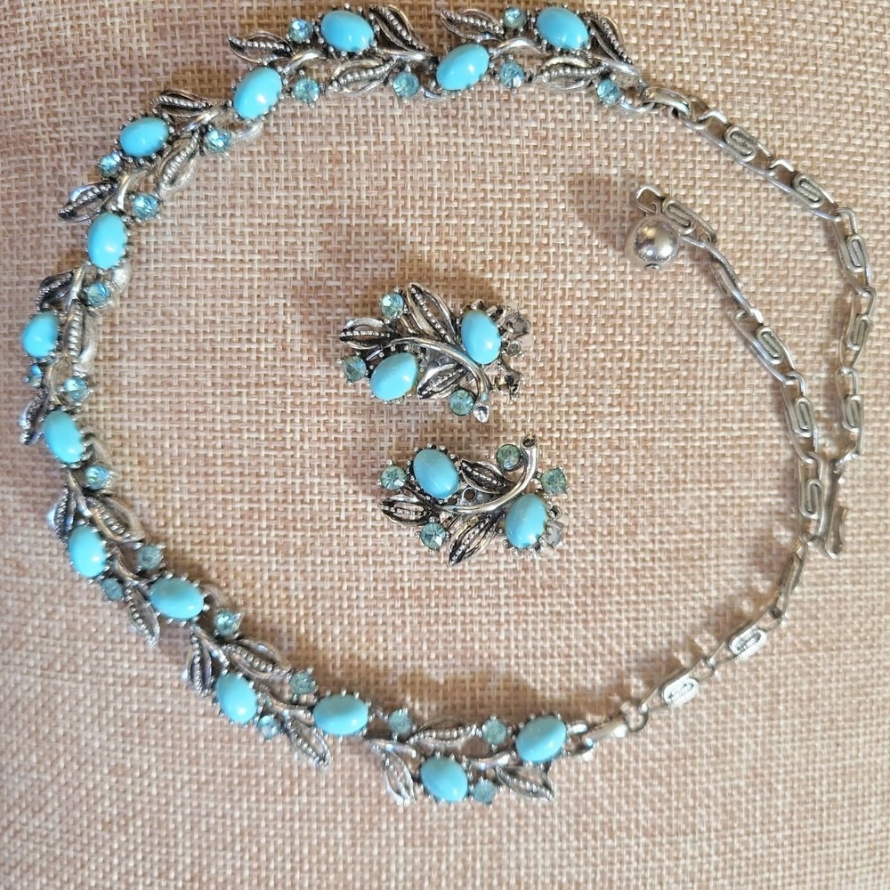 Lisner Turquoise Thermoset Ice Blue Rhinestone Necklace Earring Set 17" 1.25"